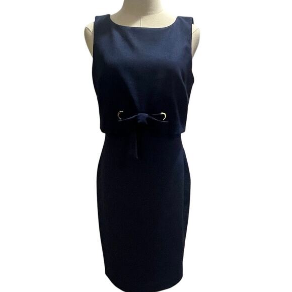 Badgley Mischka Blue Grommet Sheath Bateau Neckline Bow Retro Mini Dress Sz 6 - Picture 2 of 10